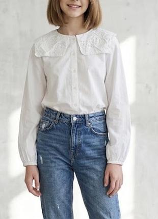 Білосніжна бавовняна блуза zara з акцентним вишитим коміром (164 см / xs-s)