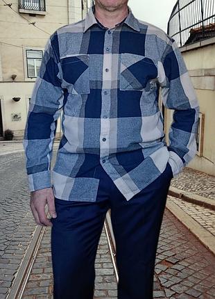 М'яка фланелева сорочка greatstone (great stone) в крупну клітинку  (buffalo plaid), виконана у біло-синій (джинсовій) кольоровій гамі.