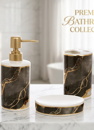 Набор аксессуаров bright для ванной комнаты "black marble gold" 3 предмета, керамика