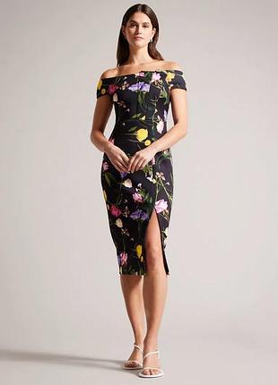 Фірмова гарна міді сукня ted baker loveina floral bardot bodycon dress, black/multi