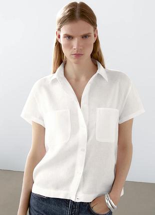 Льняная белая рубашка с коротким рукавом massimo dutti