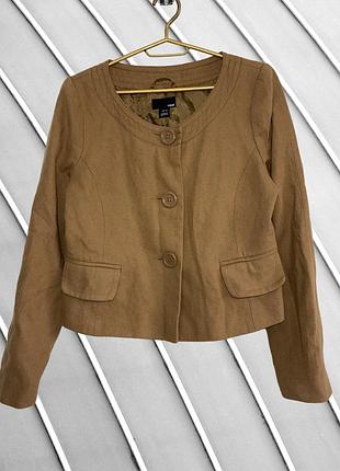 Женский коричневый шерстяной пиджак h&amp;m eur 40 l 46 48 эйчендем жакет с шерстью без воротника круглый вырез хм с пуговицами