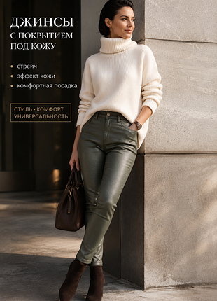 Оливковые coated jeans с покрытием под кожу 🫒 стрейч • высокая посадка • эффектный цвет