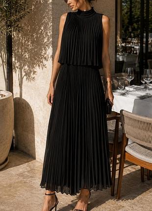 Massimo dutti черное плиссированное платье миди / макси с высоким воротником, р. 40
