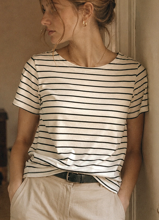 Винтажная футболка laura ashley в классическую черно-белую полоску (breton stripe) размер s-m