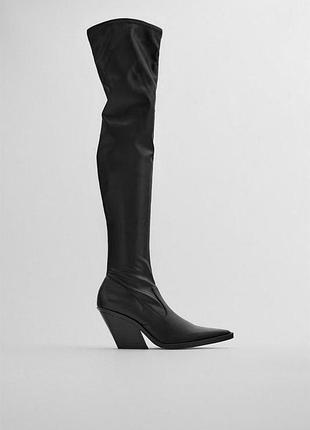Ботфорты женские zara высокие сапоги-чулки на каблуке с острым мысом
