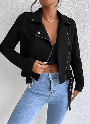 ❤️1+1=3❤️ missguided нова замшева укорочена косуха, чорна куртка з поясом на блискавці, стильна курточка-косуха, розмір s