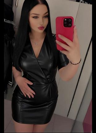 Эко кожа 🔥 платье мини на запах 🖤 черное платье из экокожи 💃 вечернее платье m/ l