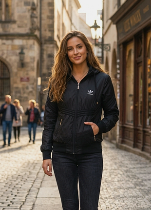 Женская куртка-ветровка от adidas в черном цвете. отлично подойдет для ежедневной носки, прогулок или активного отдыха в прохладную погоду.