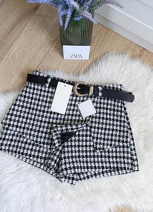 Жіночі твідові чорно-білі шорти-спідниця з ременем zara розмір xs