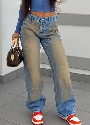 Женские джинсы wide leg с потертостями и декоративными вкраплениями, р. m / ua 48