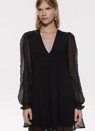 Легка шифонова чорна сукня міні zara з плісуванням, розмір s