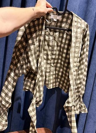 Сорочка топ zara жіноча в клітинку зелено молочна, бавовняна спереду на завʼязку