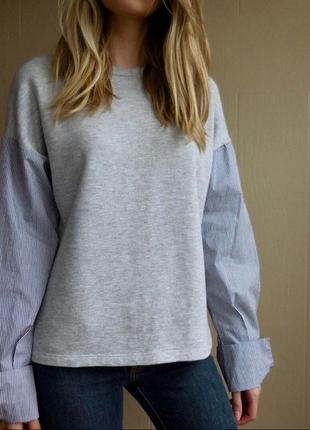 Zara свитшот с рукавами от рубашки серый10 фото