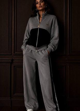 Костюм celine  100% cotton штани та зіп кофта сірий з чорним колір