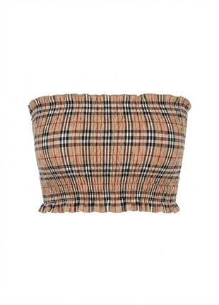 Трендовый топ-бандо / бюстье misspap в бежевую клетку (принт стиль burberry) на резинке