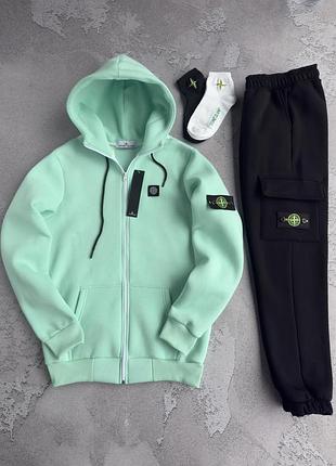 Костюм зимовий спортивний чоловічий зіп худі stone island mint! костюм зимний мятная зип худи + чёрные штаны! трёхнитка на флисе! размеры xs-3xl!