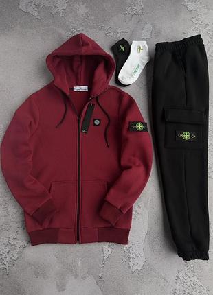 Костюм зимовий спортивний чоловічий зіп худі stone island bordo! костюм зимний бордовая зип худи + чёрные штаны! трёхнитка на флисе! размеры xs-3xl!