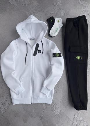 Костюм зимовий спортивний чоловічий зіп худі stone island white! костюм зимний белая зип худи + чёрные штаны! трёхнитка на флисе! размеры xs-3xl!