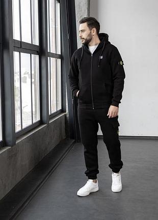 Костюм зимний спортивный черный мужской соп худи stone island black! зимний спортивный костюм stone island! рвота на флисе! размеры xs-3xl!