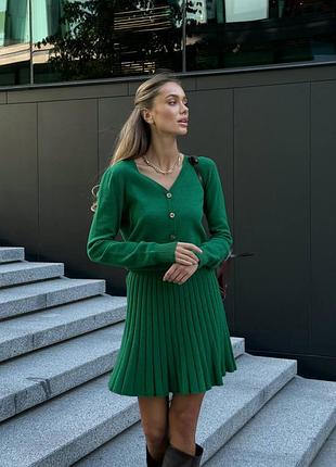 Бесшовный вязаный костюм miu miu/кардиган+юбка плиссе, люкс-качество