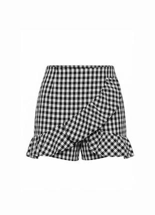 Стильная черно-белая юбка-шорт missguided в клетку (виши) с воланом и запахом