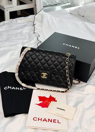 Женская сумка премиум classic 25 flap caviar black with gold hardware