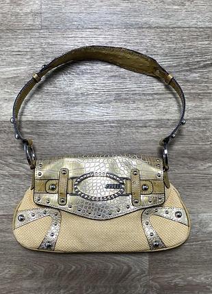 Оригінальна сумка багет vintage guess y2k gold croc embossed studded buckle shoulder baguette bag