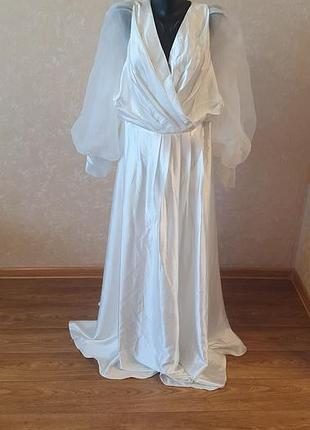 Нова біла атласна сукня максі shein curve 4xl / вечірня весільна сукня плюс сайз з об'ємними рукавами органза