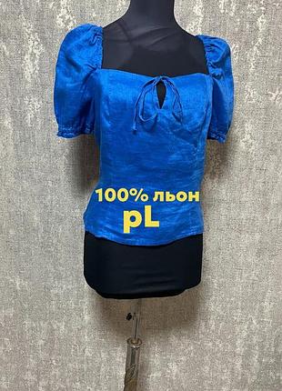 Блуза синя лляна з рукавами- фонариками,h&m,linen,