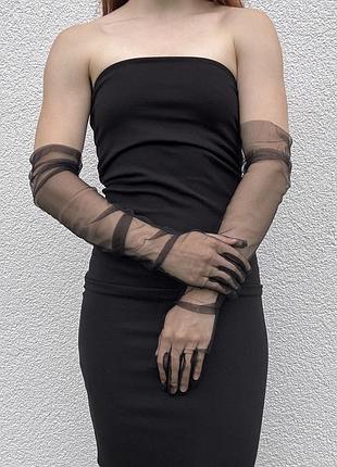 Фатинові довгі рукавички s/m/l чорні 30к001