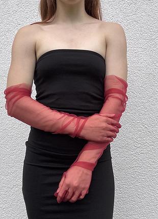 Фатиновые длинные перчатки s/m/l бордовые 30к001