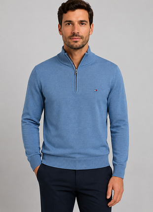 Чоловічий светер tommy hilfiger essential на блискавці, блакитного кольору