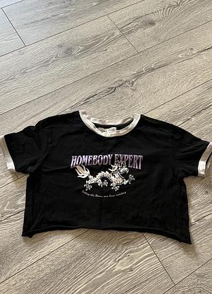 Черный короткий топ с принтом, pull&bear, xs