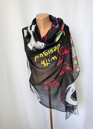 Desigual яркий шарф палантин парео полупрозрачный черный с ярким принтом хиппи этно бохо