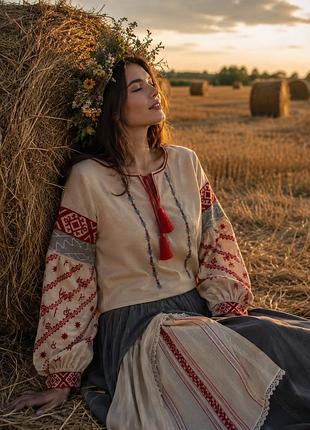 Жіноча бежева сорочка вишиванка оверсайз, блуза вишита в українському стилі