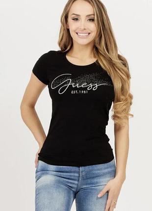 Чорна футболка guess 🖤 зі стразами 💕 на худеньку дівчинку