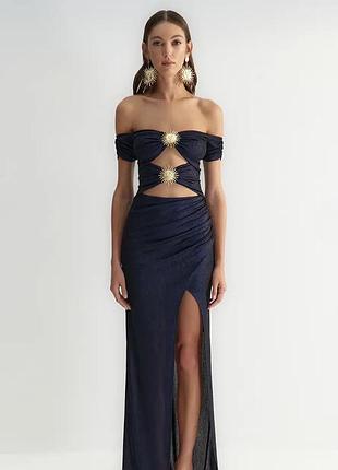 Zeynep tosun x trendyol синее блестящее платье с яркими пряжками солнце вечернее нарядное с разрезом