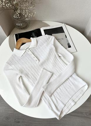 Білий лонгслів джемпер поло з комірцем zara