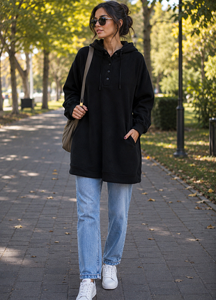 «тёплая флисовая худи-туника oversize с капюшоном, большой размер»