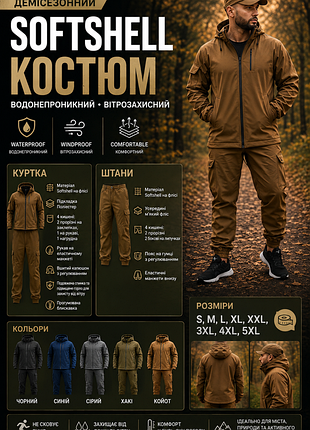 Костюм softshell на флисе осенний водонепроницаемый ветрозащитный комплект из плащёвки софтшелл повседневная надежный тактический спортивный куртка и