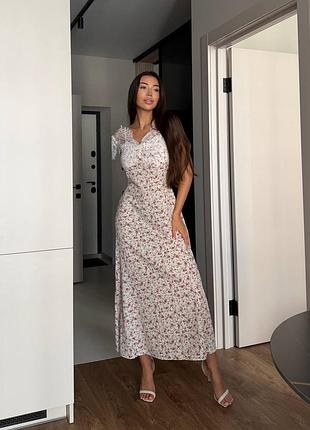 Сукня жіноча на короткий рукав в принт квіточку з мереживом / тканина: софт + мереживо / як на фото