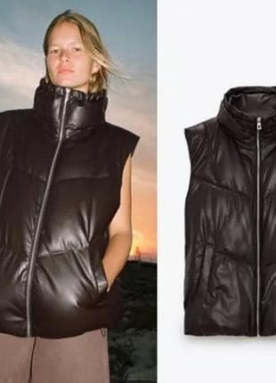 Жилетка zara. стильна утеплена  із екошкіри шоколадна, дута жилет оверсайз на осінь, м-l-xl