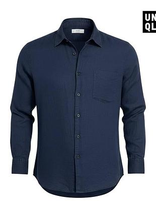 Оригинальная мужская льняная рубашка uniqlo размер s темно синяя с длинным рукавом ляная юникло леная лен повседневная летняя лёгкая 100 льон с а1