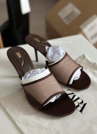 Мюлі з сіточкою на підборах zara, коричневого, шоколадного кольору