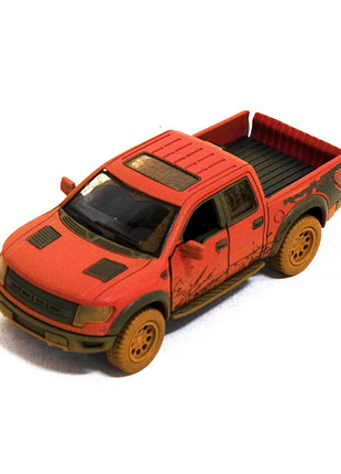 Детская модель машинки пикап ford f-150 svt raptor-supercrew muddy kinsmart kt5365wy инерционная, 1:46 red