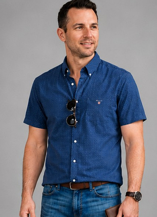 Чоловіча сорочка gant the oxford shirt fitted m 39/40 темно-синя з коротким рукавом