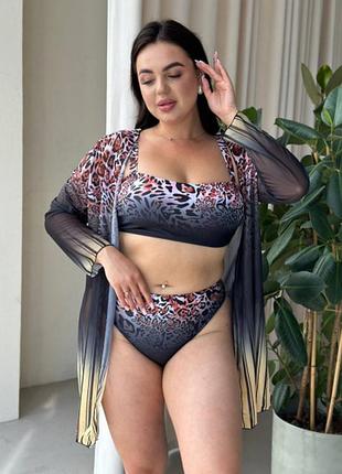 Яскравий роздільний купальник з тунікою plus size леопардовий принт