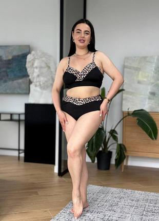 Чорний роздільний купальник plus size з леопардовим принтом
