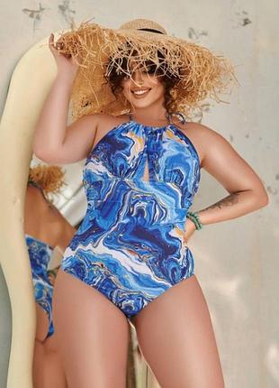 Суцільний синій купальний plus size з чашками та утяжкою